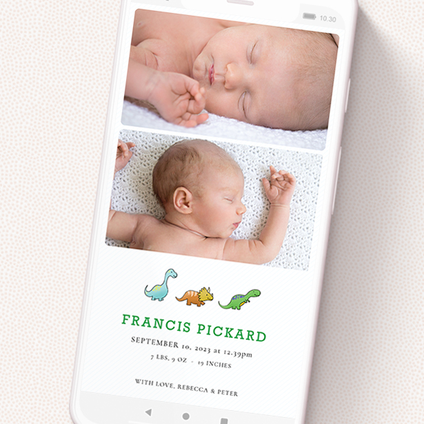 A text message birth announcement design titled 'BabySaurus'. It is a smartphone screen sized announcement in a portrait orientation. It is a photographic text message birth announcement with room for 3 photos. 'BabySaurus' is available as a flat announcement, with tones of white, green and light blue.