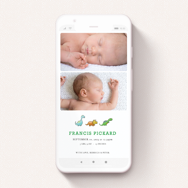 A text message birth announcement design titled "BabySaurus". It is a smartphone screen sized announcement in a portrait orientation. It is a photographic text message birth announcement with room for 3 photos. "BabySaurus" is available as a flat announcement, with tones of white, green and light blue.