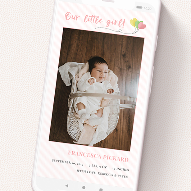 A text message birth announcement called 'Balloooons Pink'. It is a smartphone screen sized announcement in a portrait orientation. It is a photographic text message birth announcement with room for 1 photo. 'Balloooons Pink' is available as a flat announcement, with mainly pink colouring.