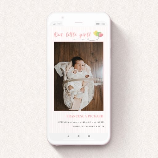 A text message birth announcement called "Balloooons Pink". It is a smartphone screen sized announcement in a portrait orientation. It is a photographic text message birth announcement with room for 1 photo. "Balloooons Pink" is available as a flat announcement, with mainly pink colouring.
