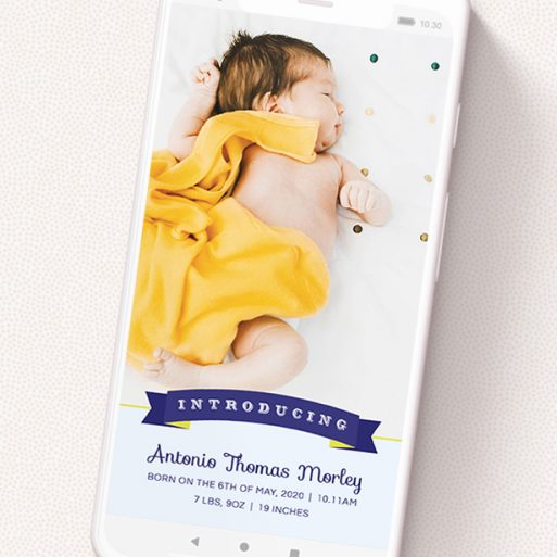 A text message birth announcement design titled 'Big Banner - Boy'. It is a smartphone screen sized announcement in a portrait orientation. It is a photographic text message birth announcement with room for 1 photo. 'Big Banner - Boy' is available as a flat announcement, with mainly blue colouring.