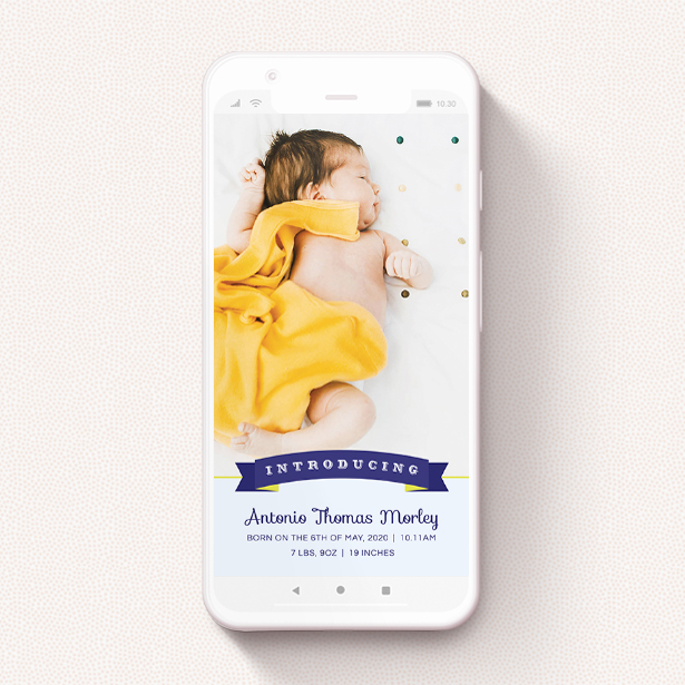 A text message birth announcement design titled "Big Banner - Boy". It is a smartphone screen sized announcement in a portrait orientation. It is a photographic text message birth announcement with room for 1 photo. "Big Banner - Boy" is available as a flat announcement, with mainly blue colouring.