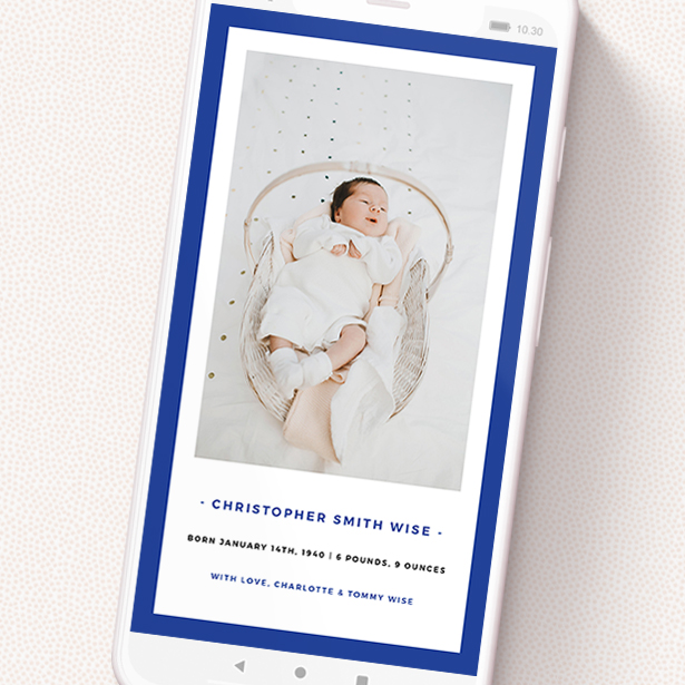A text message birth announcement design titled 'Big Blue'. It is a smartphone screen sized announcement in a portrait orientation. It is a photographic text message birth announcement with room for 1 photo. 'Big Blue' is available as a flat announcement, with mainly blue colouring.