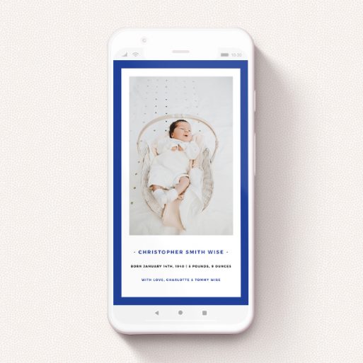 A text message birth announcement design titled "Big Blue". It is a smartphone screen sized announcement in a portrait orientation. It is a photographic text message birth announcement with room for 1 photo. "Big Blue" is available as a flat announcement, with mainly blue colouring.