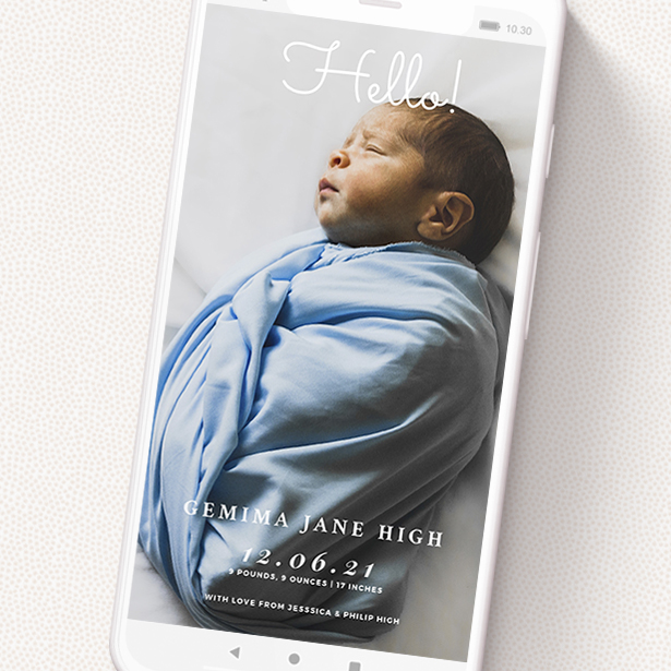 A text message birth announcement called 'Brighton Pier'. It is a smartphone screen sized announcement in a portrait orientation. It is a photographic text message birth announcement with room for 1 photo. 'Brighton Pier' is available as a flat announcement, with mainly white colouring.