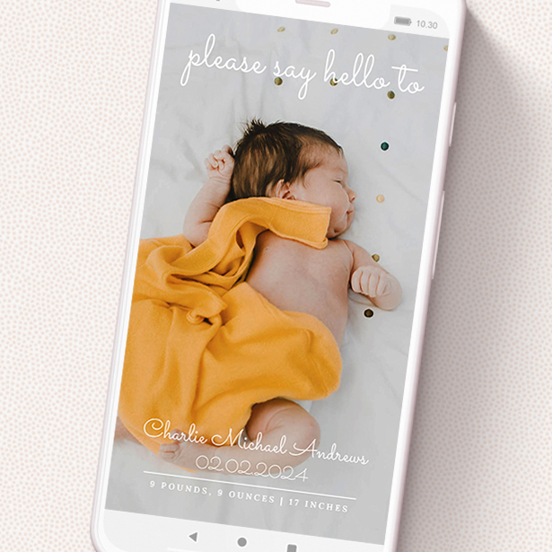 A text message birth announcement called 'Date Saving Photo'. It is a smartphone screen sized announcement in a portrait orientation. It is a photographic text message birth announcement with room for 1 photo. 'Date Saving Photo' is available as a flat announcement, with mainly white colouring.