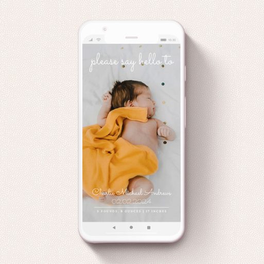 A text message birth announcement called "Date Saving Photo". It is a smartphone screen sized announcement in a portrait orientation. It is a photographic text message birth announcement with room for 1 photo. "Date Saving Photo" is available as a flat announcement, with mainly white colouring.