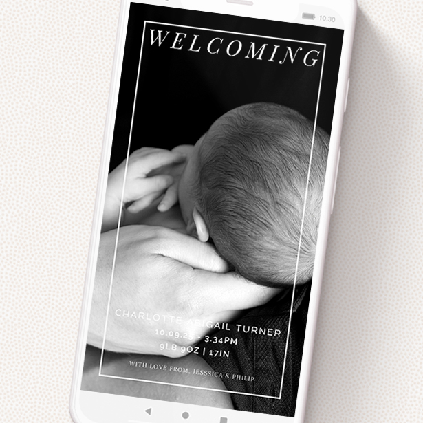 A text message birth announcement design titled 'Fleet Street'. It is a smartphone screen sized announcement in a portrait orientation. It is a photographic text message birth announcement with room for 1 photo. 'Fleet Street' is available as a flat announcement, with mainly white colouring.