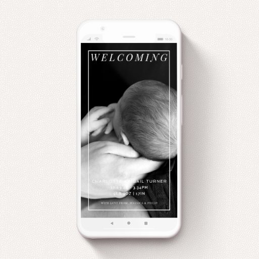 A text message birth announcement design titled "Fleet Street". It is a smartphone screen sized announcement in a portrait orientation. It is a photographic text message birth announcement with room for 1 photo. "Fleet Street" is available as a flat announcement, with mainly white colouring.