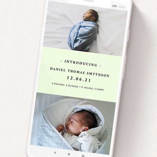 A text message birth announcement design named 'Light Green'. It is a smartphone screen sized announcement in a portrait orientation. It is a photographic text message birth announcement with room for 2 photos. 'Light Green' is available as a flat announcement, with mainly green colouring.