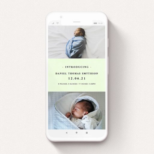 A text message birth announcement design named "Light Green". It is a smartphone screen sized announcement in a portrait orientation. It is a photographic text message birth announcement with room for 2 photos. "Light Green" is available as a flat announcement, with mainly green colouring.