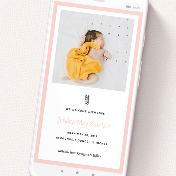 A text message birth announcement called 'Little Bunny'. It is a smartphone screen sized announcement in a portrait orientation. It is a photographic text message birth announcement with room for 1 photo. 'Little Bunny' is available as a flat announcement, with tones of pink and white.