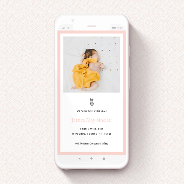 A text message birth announcement called "Little Bunny". It is a smartphone screen sized announcement in a portrait orientation. It is a photographic text message birth announcement with room for 1 photo. "Little Bunny" is available as a flat announcement, with tones of pink and white.