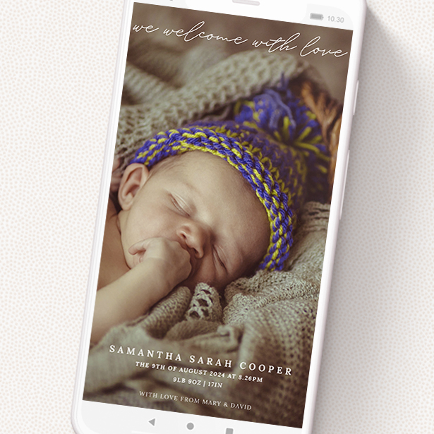A text message birth announcement design named 'Maddox Street'. It is a smartphone screen sized announcement in a portrait orientation. It is a photographic text message birth announcement with room for 1 photo. 'Maddox Street' is available as a flat announcement, with mainly white colouring.