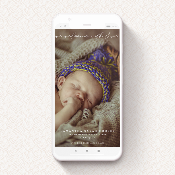A text message birth announcement design named "Maddox Street". It is a smartphone screen sized announcement in a portrait orientation. It is a photographic text message birth announcement with room for 1 photo. "Maddox Street" is available as a flat announcement, with mainly white colouring.