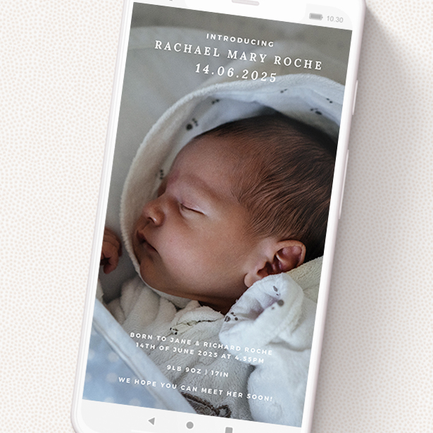 A text message birth announcement called 'Modern Formality'. It is a smartphone screen sized announcement in a portrait orientation. It is a photographic text message birth announcement with room for 1 photo. 'Modern Formality' is available as a flat announcement, with mainly white colouring.
