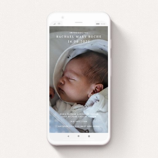 A text message birth announcement called "Modern Formality". It is a smartphone screen sized announcement in a portrait orientation. It is a photographic text message birth announcement with room for 1 photo. "Modern Formality" is available as a flat announcement, with mainly white colouring.