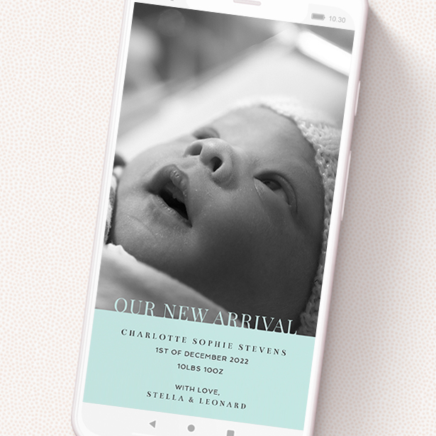 A text message birth announcement design named 'Our New Arrival'. It is a smartphone screen sized announcement in a portrait orientation. It is a photographic text message birth announcement with room for 1 photo. 'Our New Arrival' is available as a flat announcement, with tones of green and white.