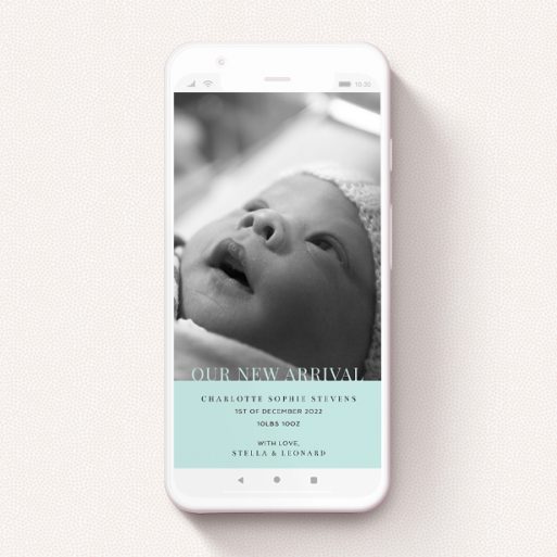 A text message birth announcement design named "Our New Arrival". It is a smartphone screen sized announcement in a portrait orientation. It is a photographic text message birth announcement with room for 1 photo. "Our New Arrival" is available as a flat announcement, with tones of green and white.