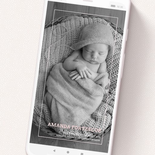 A text message birth announcement called 'Over Photo Frame - Girl'. It is a smartphone screen sized announcement in a portrait orientation. It is a photographic text message birth announcement with room for 1 photo. 'Over Photo Frame - Girl' is available as a flat announcement, with mainly pale pink colouring.