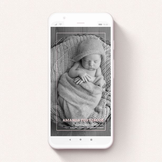 A text message birth announcement called "Over Photo Frame - Girl". It is a smartphone screen sized announcement in a portrait orientation. It is a photographic text message birth announcement with room for 1 photo. "Over Photo Frame - Girl" is available as a flat announcement, with mainly pale pink colouring.