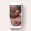 A text message birth announcement design named "Sans Serif". It is a smartphone screen sized announcement in a portrait orientation. It is a photographic text message birth announcement with room for 1 photo. "Sans Serif" is available as a flat announcement, with mainly white colouring.