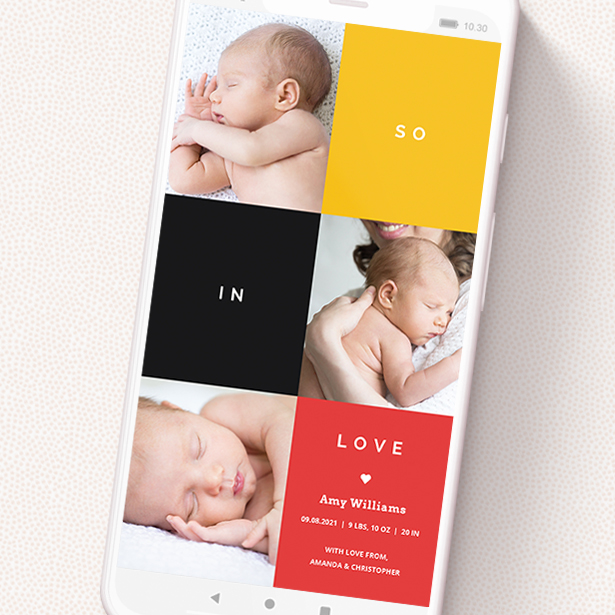 A text message birth announcement design named 'Side-to-Side'. It is a smartphone screen sized announcement in a portrait orientation. It is a photographic text message birth announcement with room for 3 photos. 'Side-to-Side' is available as a flat announcement, with tones of black, red and yellow.