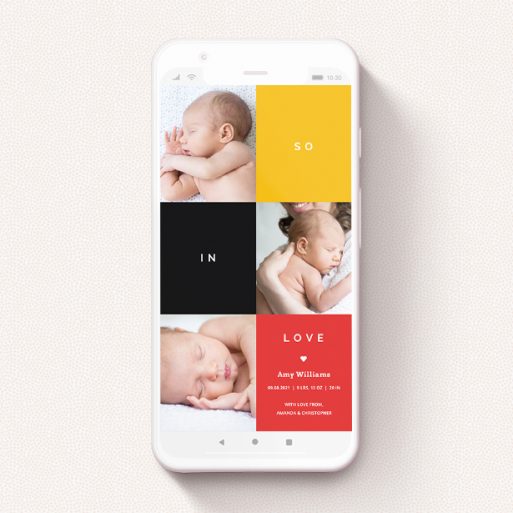 A text message birth announcement design named "Side-to-Side". It is a smartphone screen sized announcement in a portrait orientation. It is a photographic text message birth announcement with room for 3 photos. "Side-to-Side" is available as a flat announcement, with tones of black, red and yellow.