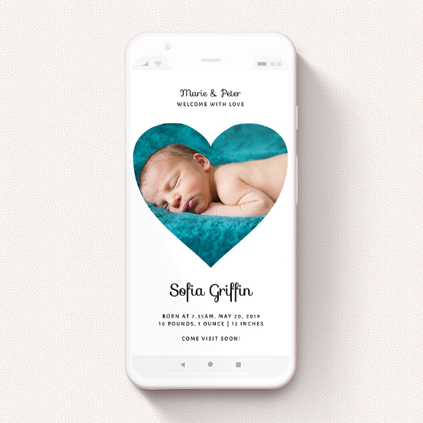A text message birth announcement called "Simple Heart Frame". It is a smartphone screen sized announcement in a portrait orientation. It is a photographic text message birth announcement with room for 1 photo. "Simple Heart Frame" is available as a flat announcement, with mainly white colouring.