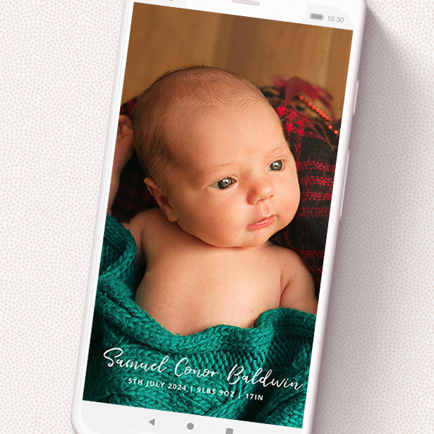 A text message birth announcement design titled 'Soho Script'. It is a smartphone screen sized announcement in a portrait orientation. It is a photographic text message birth announcement with room for 1 photo. 'Soho Script' is available as a flat announcement, with mainly white colouring.