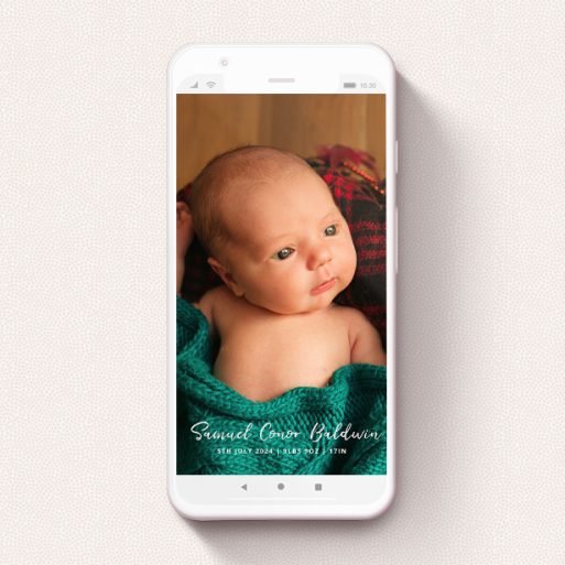 A text message birth announcement design titled "Soho Script". It is a smartphone screen sized announcement in a portrait orientation. It is a photographic text message birth announcement with room for 1 photo. "Soho Script" is available as a flat announcement, with mainly white colouring.