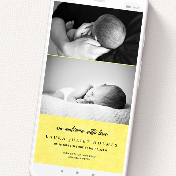 A text message birth announcement design titled 'Sunny Thirds'. It is a smartphone screen sized announcement in a portrait orientation. It is a photographic text message birth announcement with room for 2 photos. 'Sunny Thirds' is available as a flat announcement, with mainly yellow colouring.