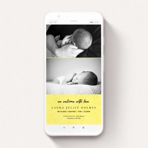 A text message birth announcement design titled "Sunny Thirds". It is a smartphone screen sized announcement in a portrait orientation. It is a photographic text message birth announcement with room for 2 photos. "Sunny Thirds" is available as a flat announcement, with mainly yellow colouring.