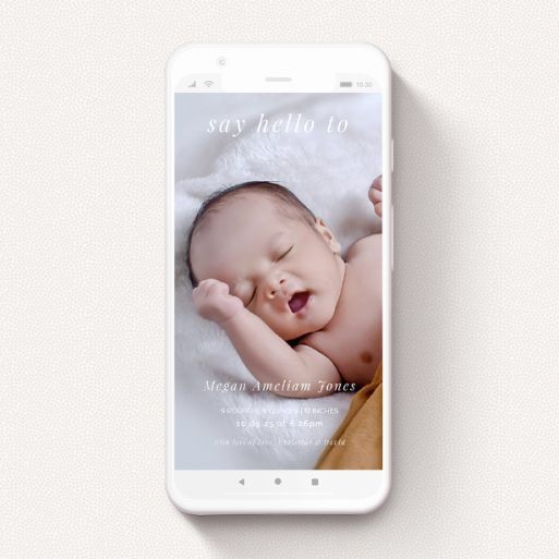 A text message birth announcement design titled "Thin White Border". It is a smartphone screen sized announcement in a portrait orientation. It is a photographic text message birth announcement with room for 1 photo. "Thin White Border" is available as a flat announcement, with mainly white colouring.