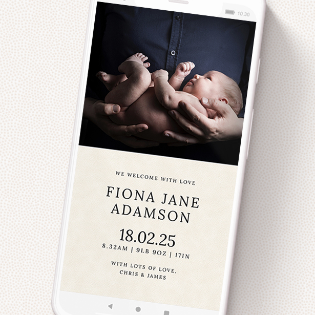 A text message birth announcement called 'Top and Bottom'. It is a smartphone screen sized announcement in a portrait orientation. It is a photographic text message birth announcement with room for 1 photo. 'Top and Bottom' is available as a flat announcement, with mainly dark cream colouring.