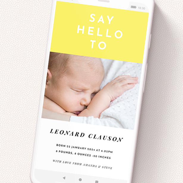 A text message birth announcement design named 'Two Frames'. It is a smartphone screen sized announcement in a portrait orientation. It is a photographic text message birth announcement with room for 1 photo. 'Two Frames' is available as a flat announcement, with tones of yellow and white.
