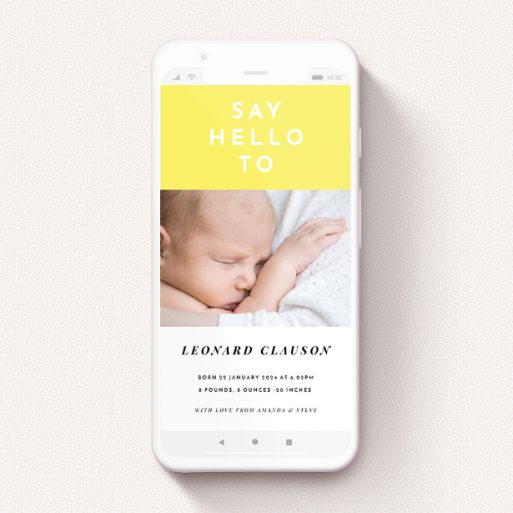 A text message birth announcement design named "Two Frames". It is a smartphone screen sized announcement in a portrait orientation. It is a photographic text message birth announcement with room for 1 photo. "Two Frames" is available as a flat announcement, with tones of yellow and white.