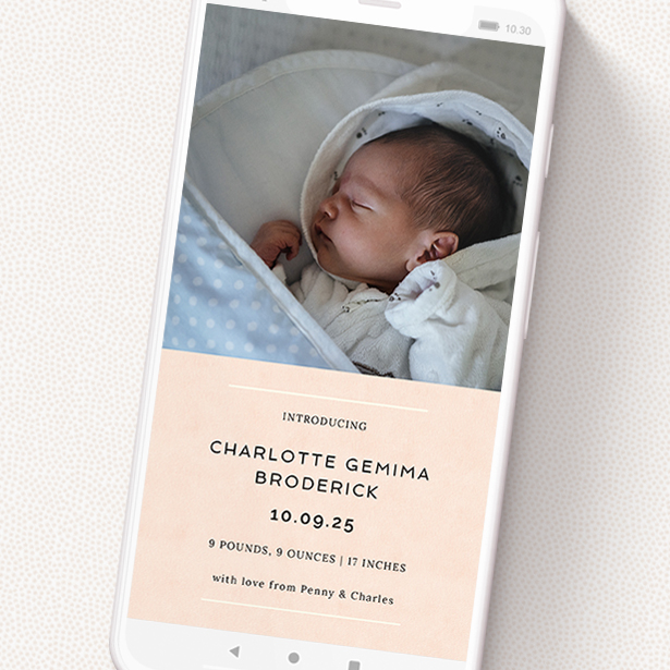 A text message birth announcement design named 'Worn Pink'. It is a smartphone screen sized announcement in a portrait orientation. It is a photographic text message birth announcement with room for 1 photo. 'Worn Pink' is available as a flat announcement, with mainly pink colouring.