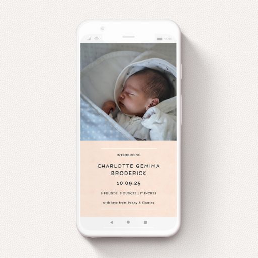 A text message birth announcement design named "Worn Pink". It is a smartphone screen sized announcement in a portrait orientation. It is a photographic text message birth announcement with room for 1 photo. "Worn Pink" is available as a flat announcement, with mainly pink colouring.