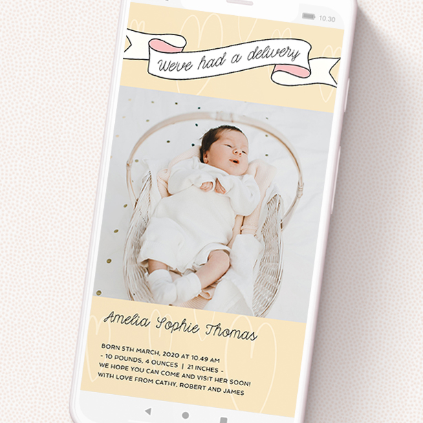 A text message birth announcement design named 'Written Above - Girl'. It is a smartphone screen sized announcement in a portrait orientation. It is a photographic text message birth announcement with room for 1 photo. 'Written Above - Girl' is available as a flat announcement, with tones of faded yellow and light pink.