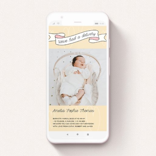 A text message birth announcement design named "Written Above - Girl". It is a smartphone screen sized announcement in a portrait orientation. It is a photographic text message birth announcement with room for 1 photo. "Written Above - Girl" is available as a flat announcement, with tones of faded yellow and light pink.