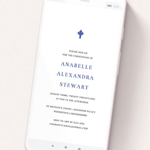A text message christening invite design titled 'Bold Blue Cross'. It is a smartphone screen sized invite in a portrait orientation. 'Bold Blue Cross' is available as a flat invite, with tones of white and blue.