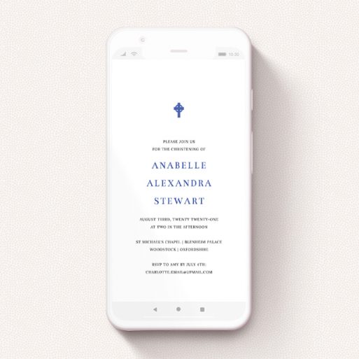 A text message christening invite design titled "Bold Blue Cross". It is a smartphone screen sized invite in a portrait orientation. "Bold Blue Cross" is available as a flat invite, with tones of white and blue.