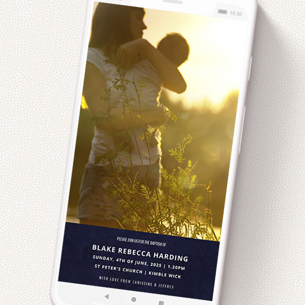A text message christening invite design titled 'Bold Navy'. It is a smartphone screen sized invite in a portrait orientation. It is a photographic text message christening invite with room for 1 photo. 'Bold Navy' is available as a flat invite, with tones of blue and white.