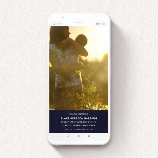 A text message christening invite design titled "Bold Navy". It is a smartphone screen sized invite in a portrait orientation. It is a photographic text message christening invite with room for 1 photo. "Bold Navy" is available as a flat invite, with tones of blue and white.