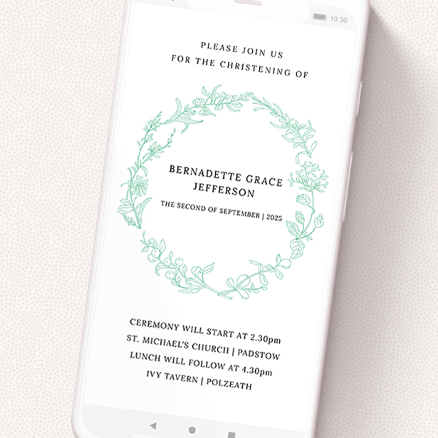 A text message christening invite called 'Botanical Outline'. It is a smartphone screen sized invite in a portrait orientation. 'Botanical Outline' is available as a flat invite, with tones of green and white.