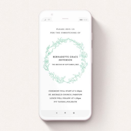 A text message christening invite called "Botanical Outline". It is a smartphone screen sized invite in a portrait orientation. "Botanical Outline" is available as a flat invite, with tones of green and white.