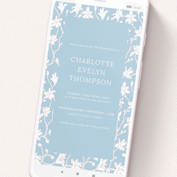 A text message christening invite called 'Floral Wall'. It is a smartphone screen sized invite in a portrait orientation. 'Floral Wall' is available as a flat invite, with tones of blue and white.