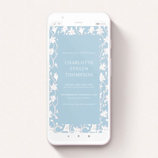 A text message christening invite called "Floral Wall". It is a smartphone screen sized invite in a portrait orientation. "Floral Wall" is available as a flat invite, with tones of blue and white.