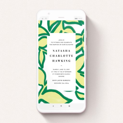 A text message christening invite called "Fresh Vines". It is a smartphone screen sized invite in a portrait orientation. "Fresh Vines" is available as a flat invite, with tones of yellow, green and white.